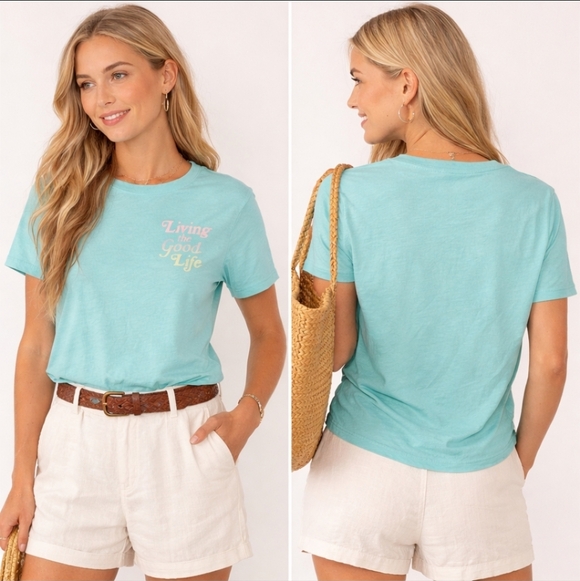 Old Navy Tops - OLD NAVY Living the Good Life Tee Graphic Aqua Blue Small Casual Soft